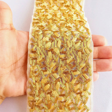 Beige Sheer Tissue Fabric Trim With Cotton Thread Embroidery In Light Green And Antique Gold, Fabric Lace, Embroidered Trim